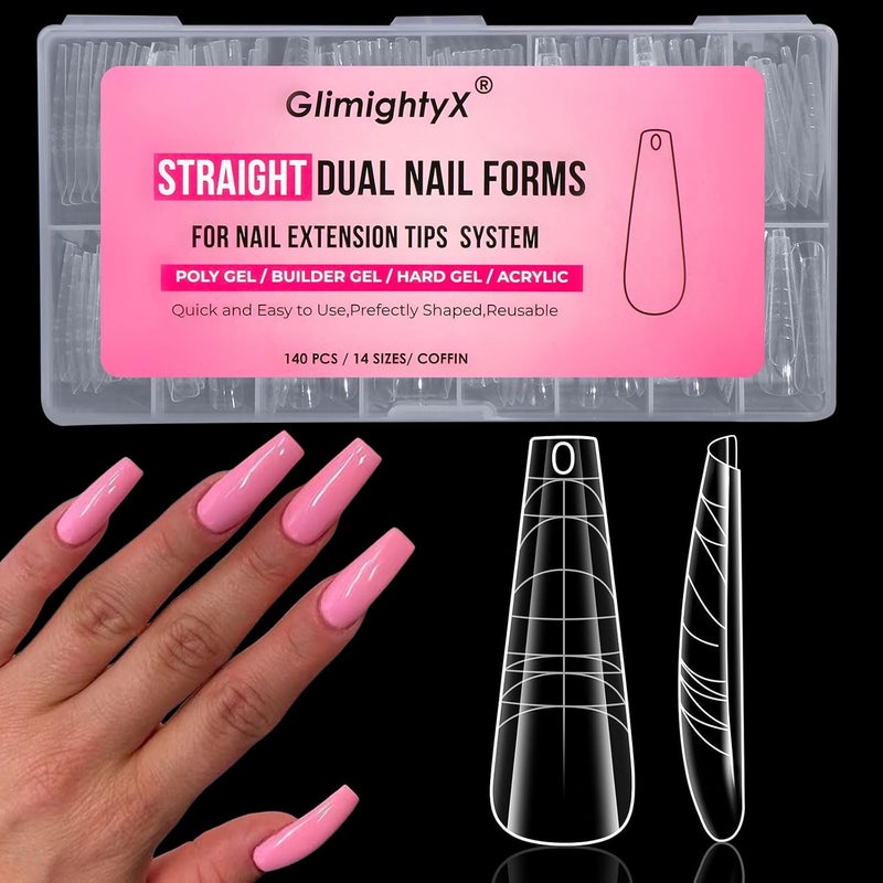 GlimightyX Flat Polygel Nail Forms Coffin, Straight Built-in Apex Dual Forms Molds Reusable,Pre-designed French Guildelines Polygel Tips for Nail Extension Salon Home DIY,14 sizes 140 Pcs - Image 1